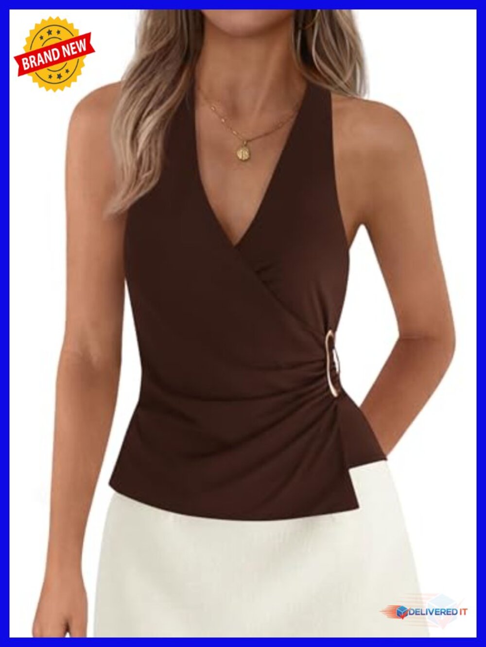 Sleeveless Halter Tank Top with Ruched V-Neck & Tie Back